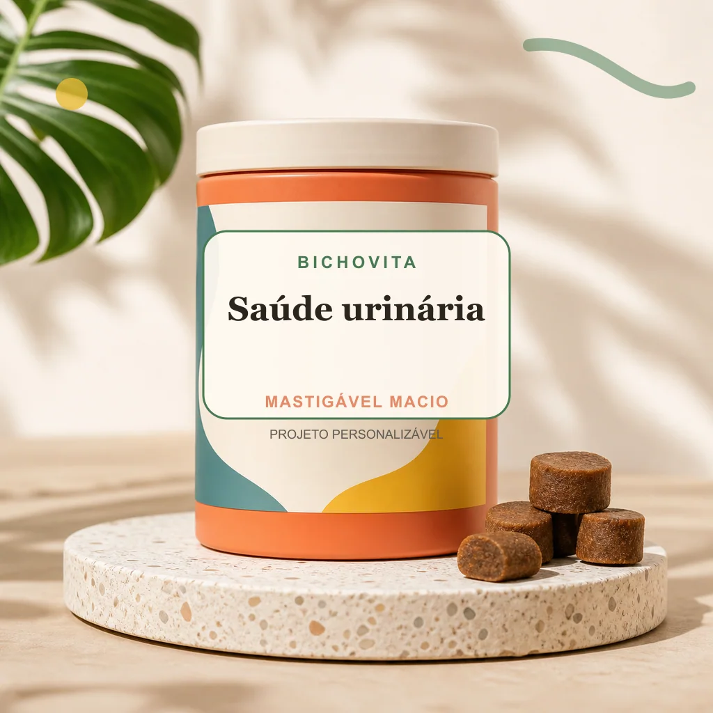 Saúde urinária em mastigável macio, conceito de suplemento pet de marca própria Bichovita