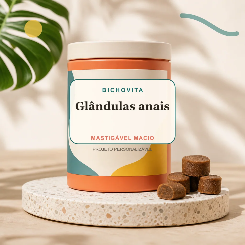 Glândulas anais em mastigável macio, conceito de suplemento pet de marca própria Bichovita